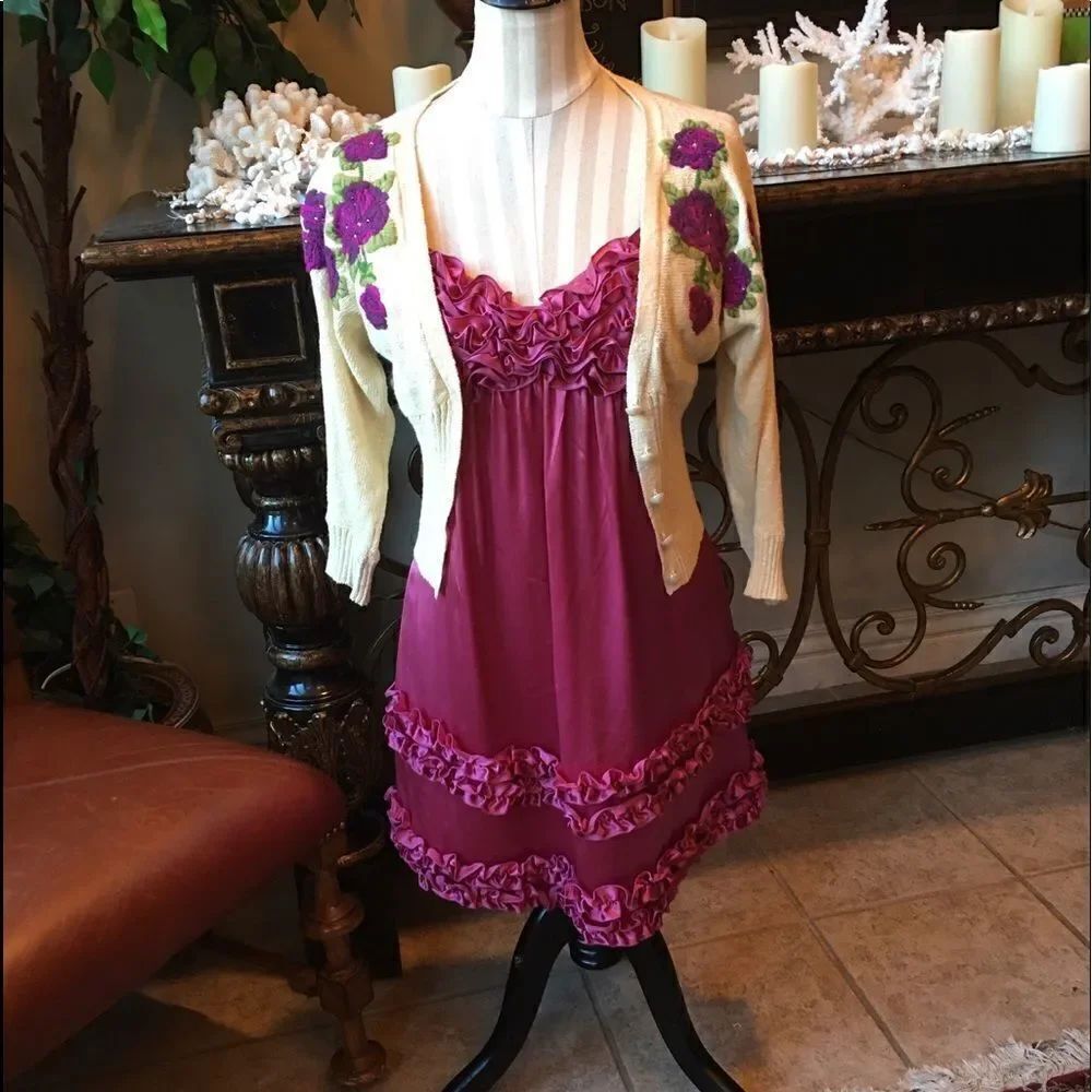 🎃 - SILK FUSCHIA Ruffle Dress & Cardi